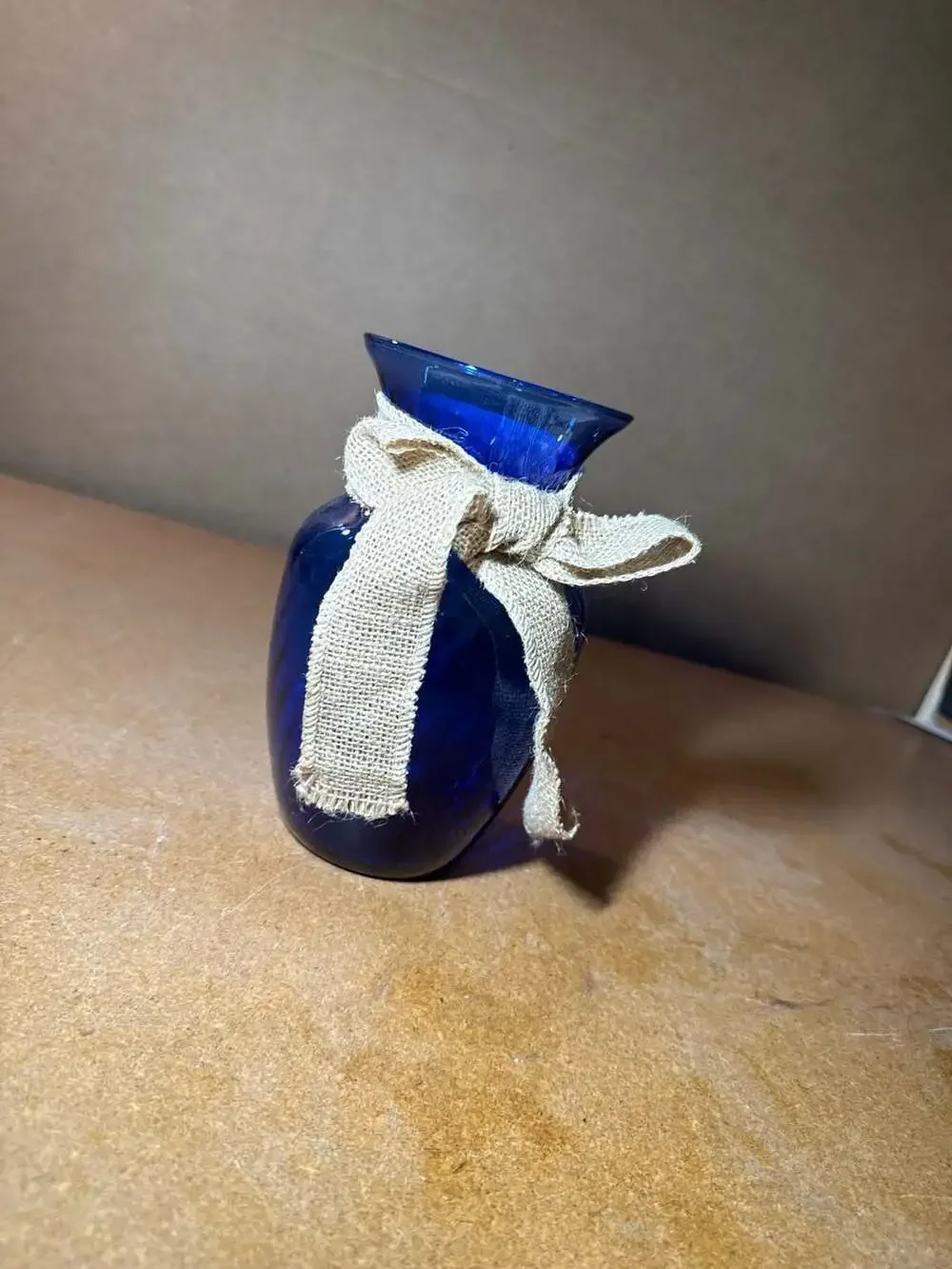 Cobalt Blue Glass Vase with Burlap Ribbon Accent
